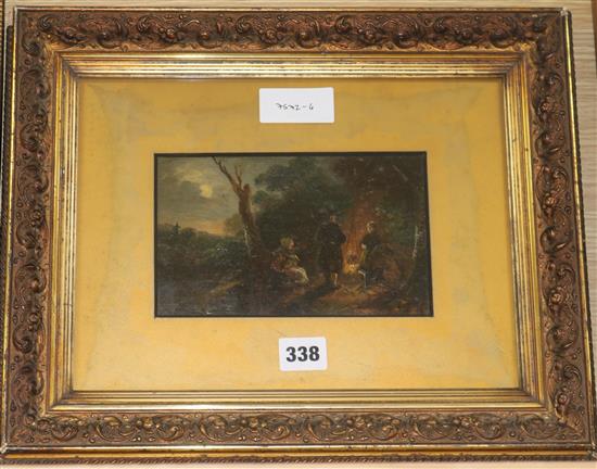 Circle of G. Morland?, oil on wooden panel, figures around a fire, 11 x 18cm